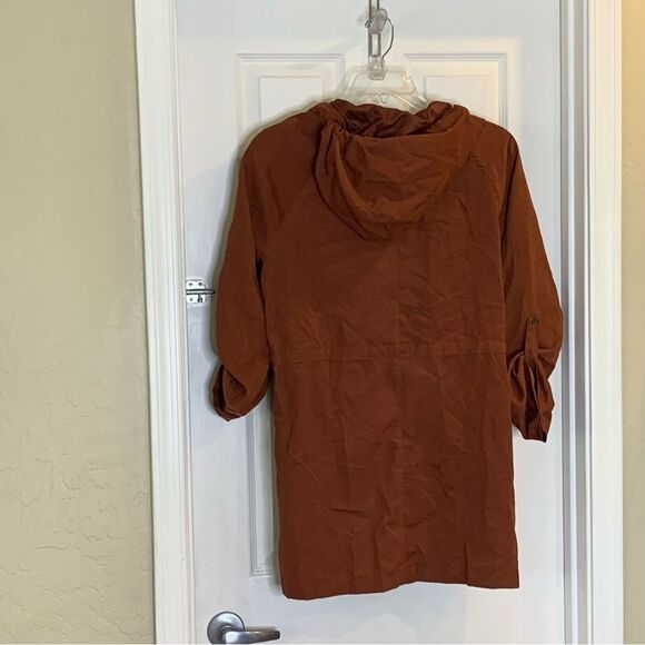 She + Sky Open Tie Front Trench Jacket Lightweight Size Medium Hooded Rust Color - Picture 4 of 11